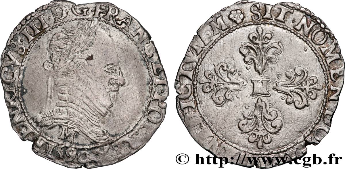 LA LIGUE. MONNAYAGE AU NOM D HENRI III Demi-franc au col plat 1590 Toulouse TB+/TTB