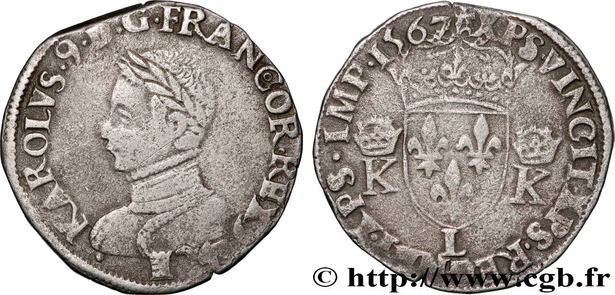 CHARLES IX Teston, 3e type 1567 Bayonne TB+