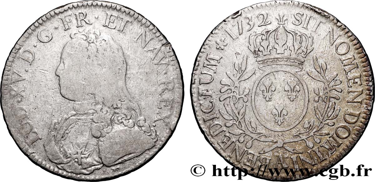 LOUIS XV  THE WELL-BELOVED  Écu aux branches d olivier, buste habillé 1732 Paris VF