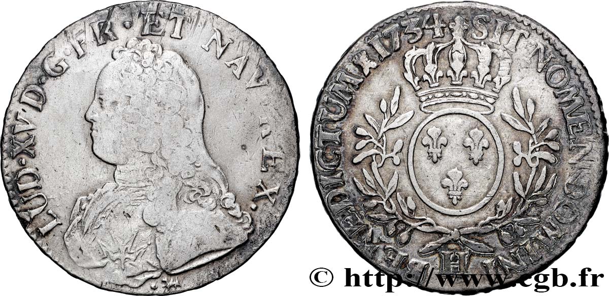 LOUIS XV  THE WELL-BELOVED  Écu aux branches d olivier, buste habillé 1734 La Rochelle VF/XF