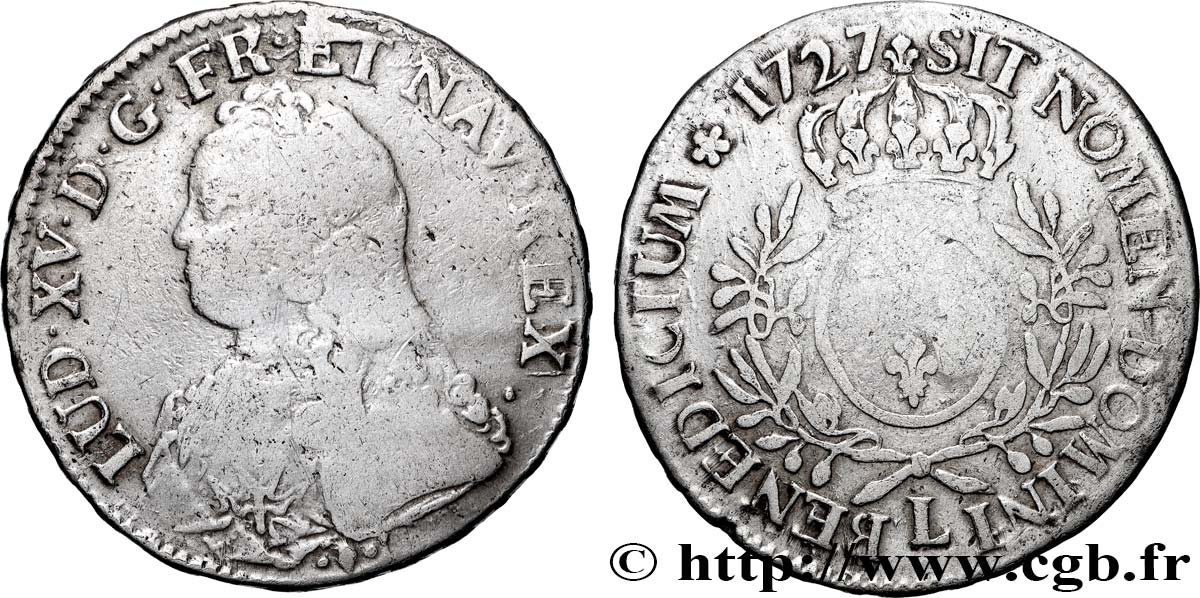 LOUIS XV  THE WELL-BELOVED  Écu aux branches d olivier, buste habillé 1727 Bayonne VF
