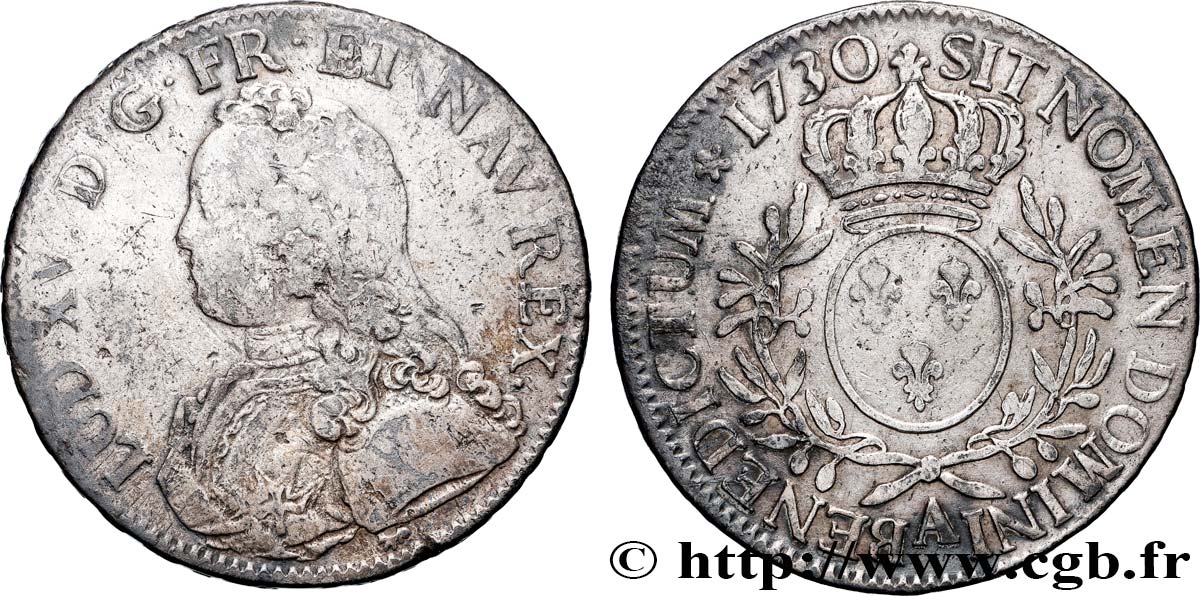 LOUIS XV  THE WELL-BELOVED  Écu aux branches d olivier, buste habillé 1730 Paris VF