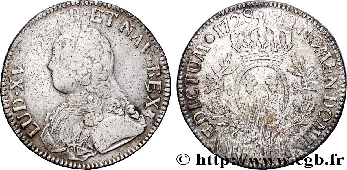 LOUIS XV  THE WELL-BELOVED  Écu aux branches d olivier, buste habillé 1728 Toulouse MB