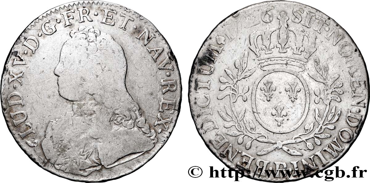 LOUIS XV  THE WELL-BELOVED  Écu aux branches d olivier, buste habillé 1726 Rouen VF/VF