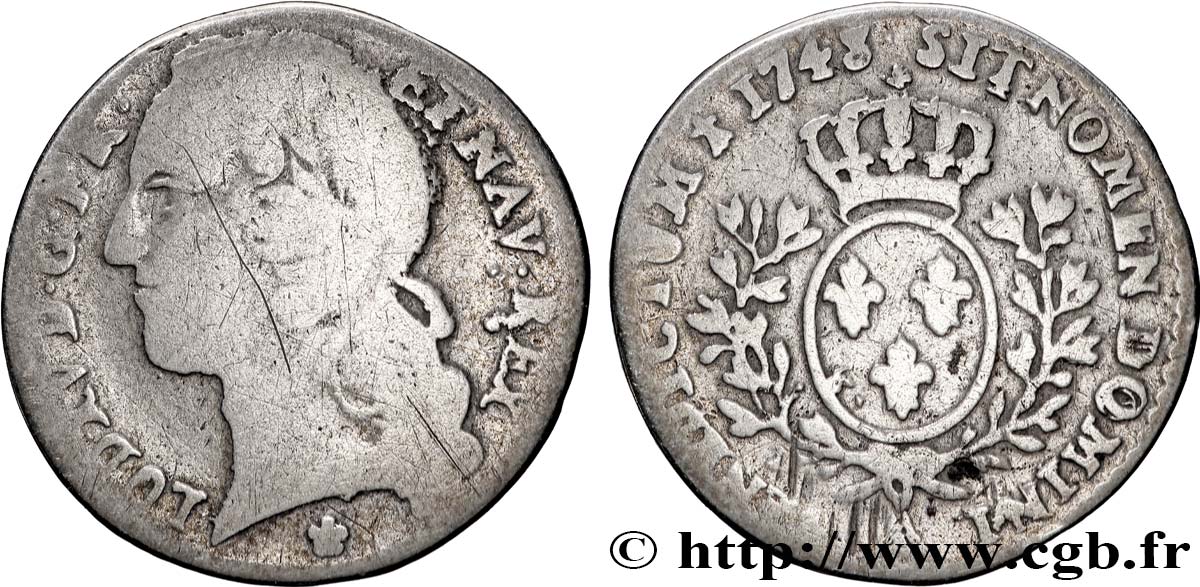 LOUIS XV  THE WELL-BELOVED  Dixième d écu aux branches d’olivier, tête ceinte d’un bandeau 1748 Metz q.MB