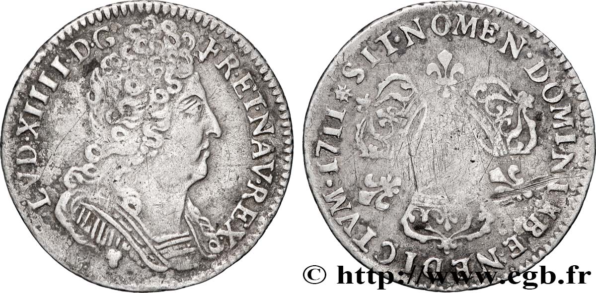 LOUIS XIV  THE SUN KING  Dixième d écu aux trois couronnes 1711 Toulouse XF/VF