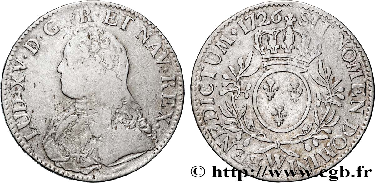 LOUIS XV  THE WELL-BELOVED  Écu aux branches d olivier, buste habillé 1726 Lille VF