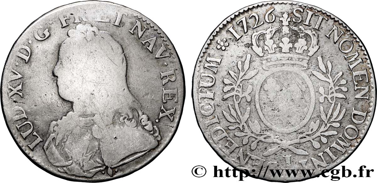 LOUIS XV  THE WELL-BELOVED  Écu aux branches d olivier, buste habillé 1726 Bayonne q.MB