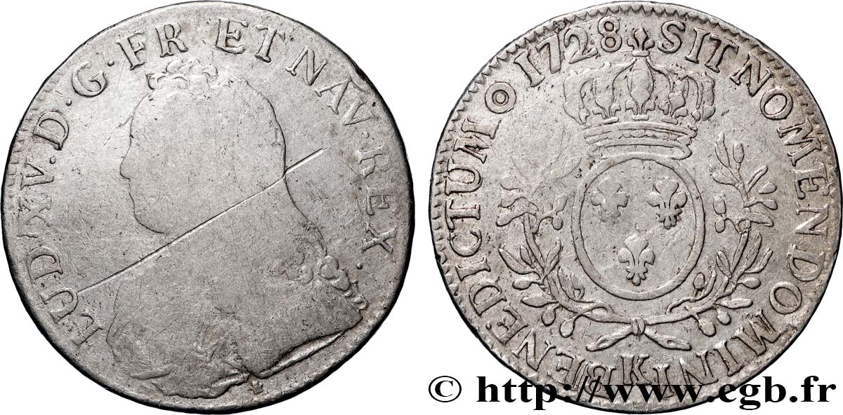 LOUIS XV DIT LE BIEN AIMÉ Écu aux branches d&nbsp;olivier, buste habillé 1728 Bordeaux B+/TB