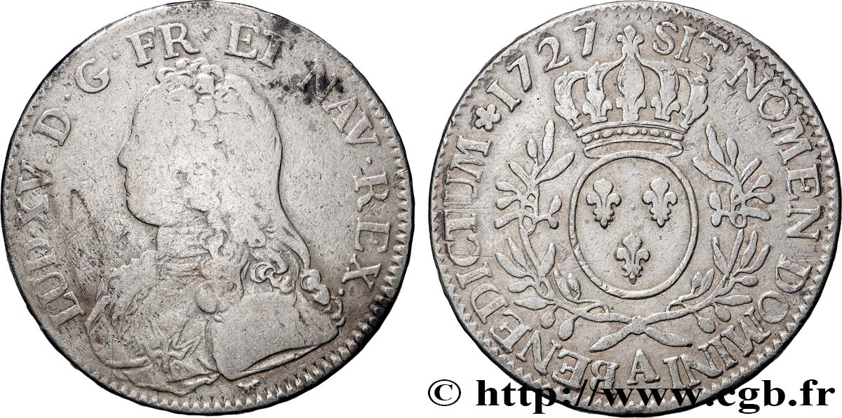 LOUIS XV  THE WELL-BELOVED  Écu aux branches d olivier, buste habillé 1727 Paris MB