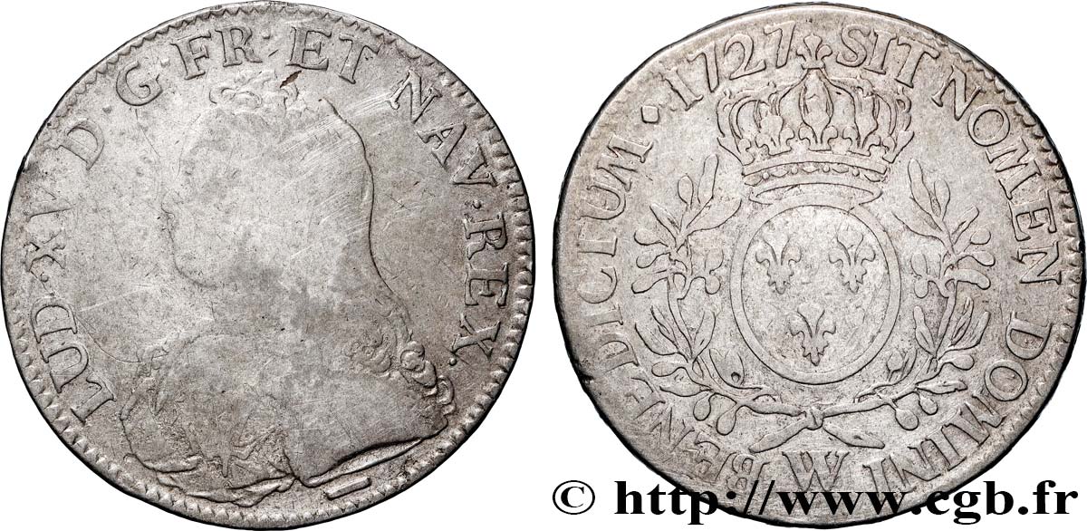LOUIS XV  THE WELL-BELOVED  Écu aux branches d olivier, buste habillé 1727 Lille MB