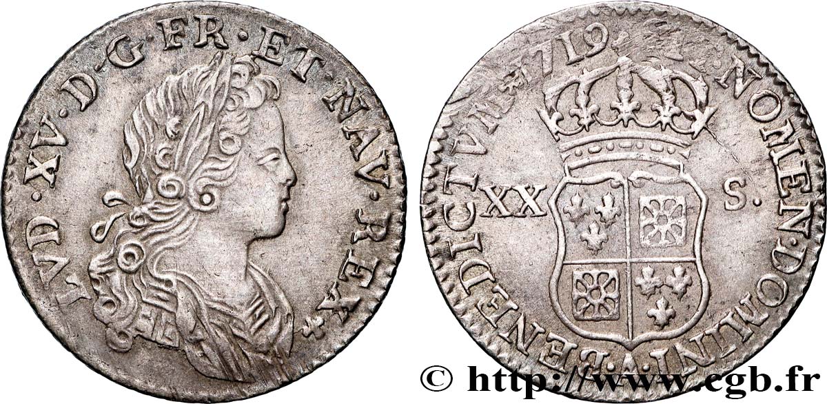 LOUIS XV  THE WELL-BELOVED  XX sols de Navarre 1719 Paris XF/AU