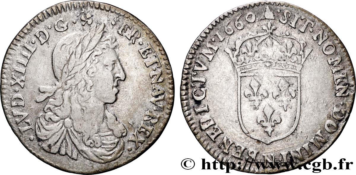 LOUIS XIV  THE SUN KING  Douzième d écu, portrait apollinien 1660 Montpellier BB