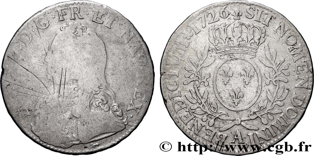 LOUIS XV DIT LE BIEN AIMÉ Écu aux branches d olivier, buste habillé 1726 Paris B/B+