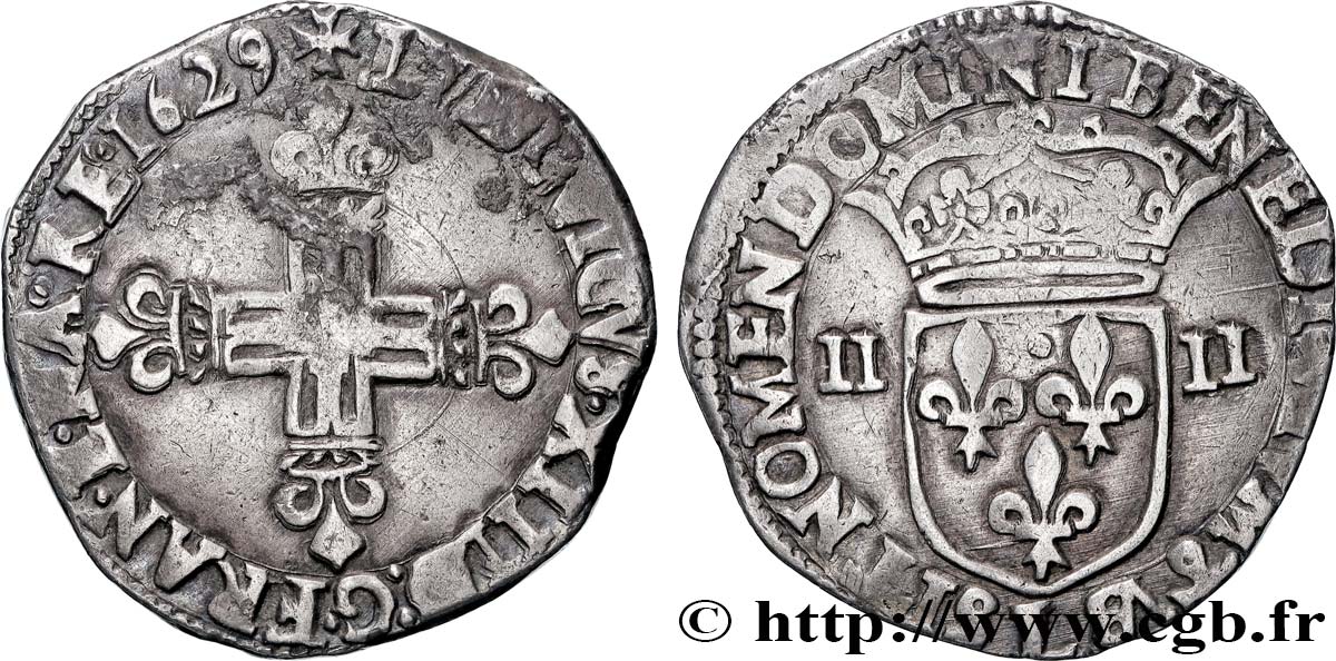 LOUIS XIII  Quart d écu, à la croix fleurdelisée, titulature côté croix 1629 Bayonne XF