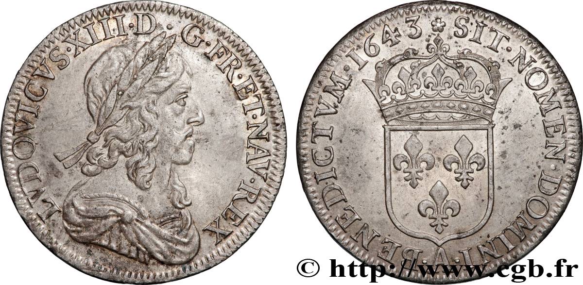 LOUIS XIII LE JUSTE Demi-écu, buste drapé et cuirassé (2e buste de Jean Warin) 1643 Paris, Monnaie du Louvre TTB+/SUP