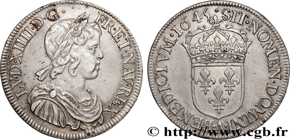 LOUIS XIV LE GRAND OU LE ROI SOLEIL Demi-écu, portrait à la mèche courte 1645 Paris, Monnaie du Louvre TTB+