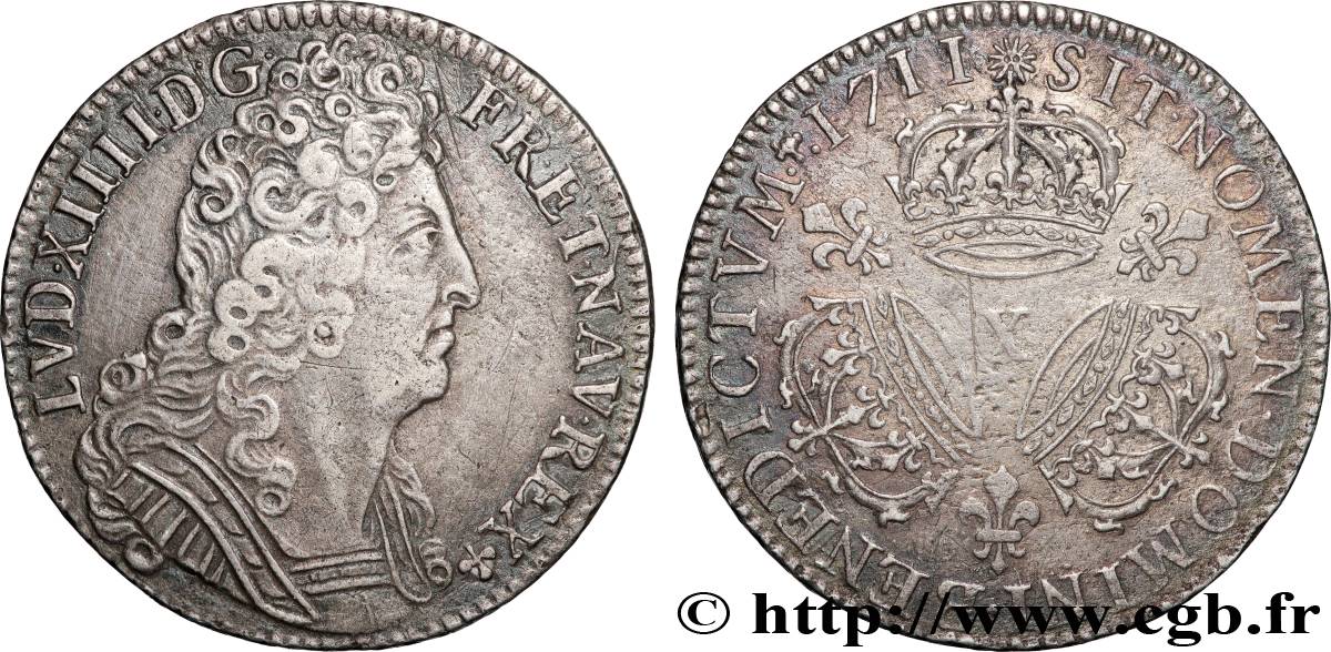 LOUIS XIV LE GRAND OU LE ROI SOLEIL Quart d écu aux trois couronnes 1711 Amiens TTB