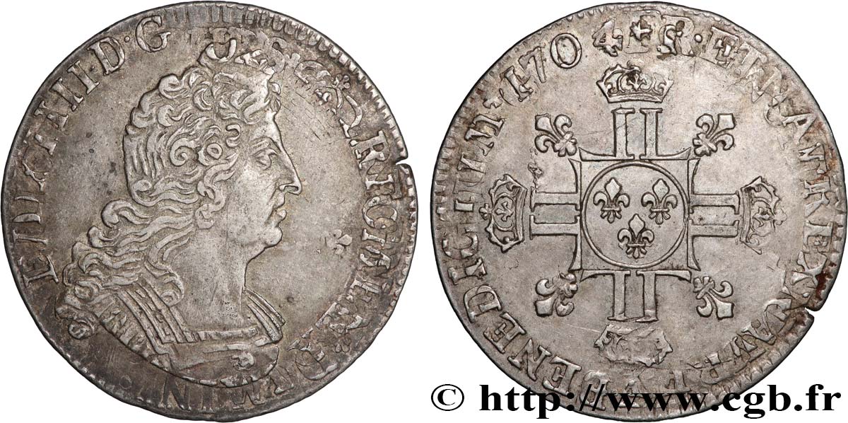 LOUIS XIV LE GRAND OU LE ROI SOLEIL Quart d écu aux huit L, 2e type 1704  Paris TTB