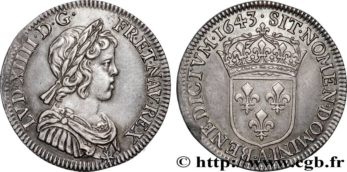 LOUIS XIV LE GRAND OU LE ROI SOLEIL Quart d écu, portrait à la mèche courte 1643 Paris, Monnaie du Louvre