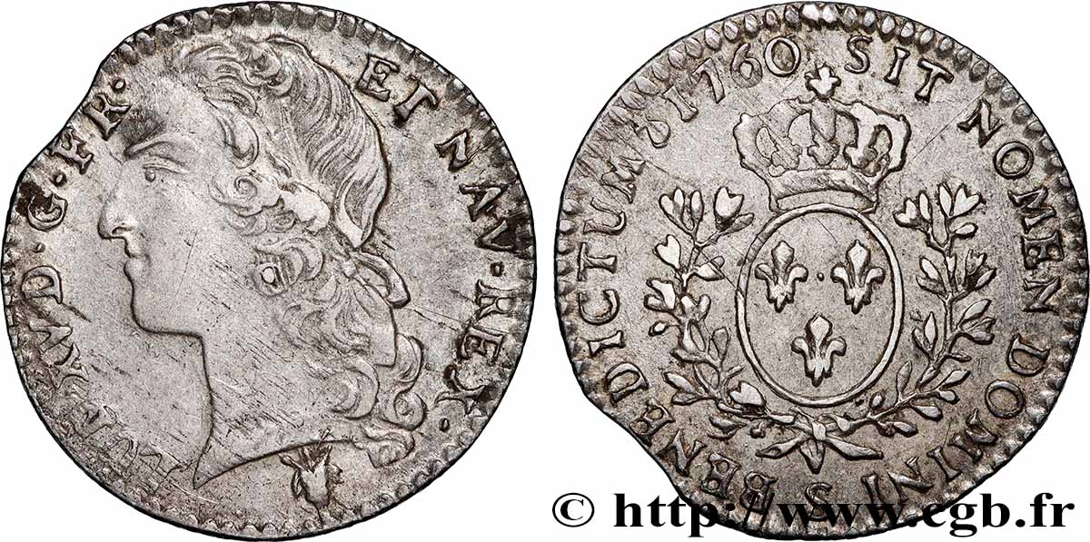 LOUIS XV DIT LE BIEN AIMÉ Dixième d écu aux branches d’olivier, tête ceinte d’un bandeau 1760 Reims TTB