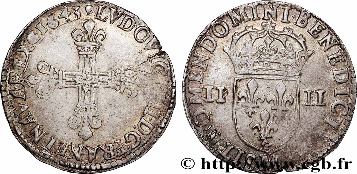 LOUIS XIII LE JUSTE Quart d écu, à la croix fleurdelisée, titulature côté croix 1643 Toulouse TTB