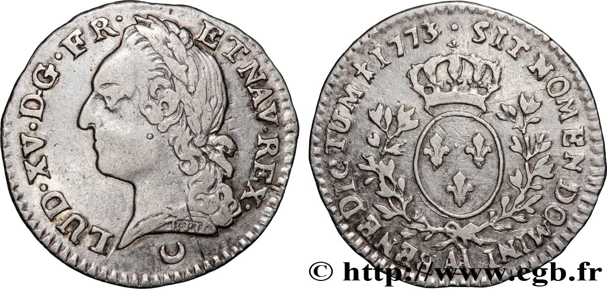 LOUIS XV DIT LE BIEN AIMÉ Dixième d’écu aux branches d’olivier, buste lauré 1773 Metz TB+