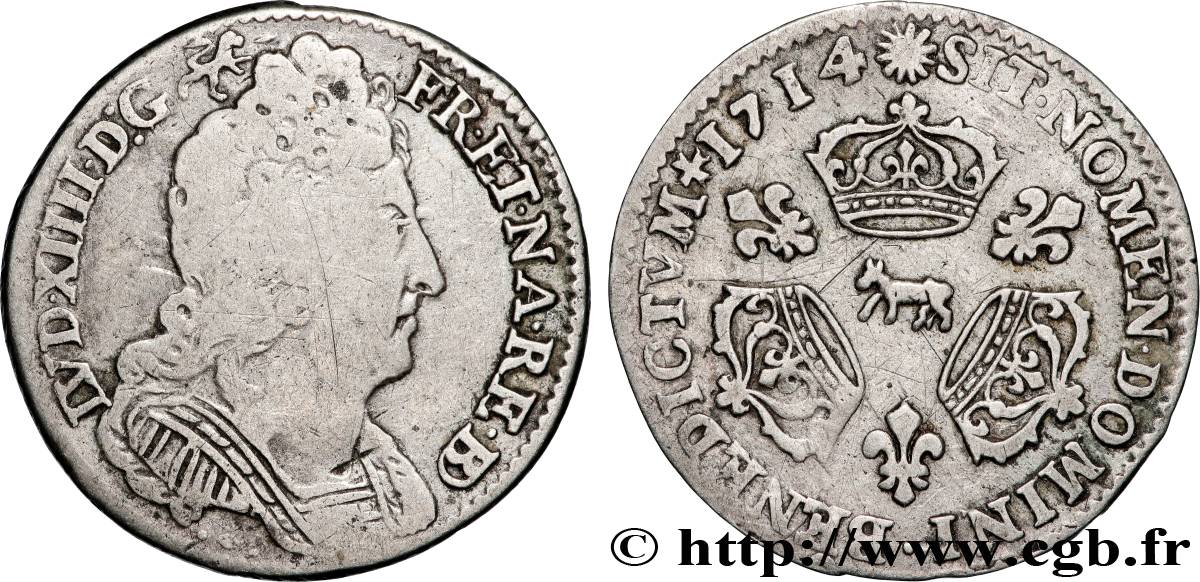 LOUIS XIV LE GRAND OU LE ROI SOLEIL Dixième d écu aux trois couronnes 1714 Pau B+/TTB