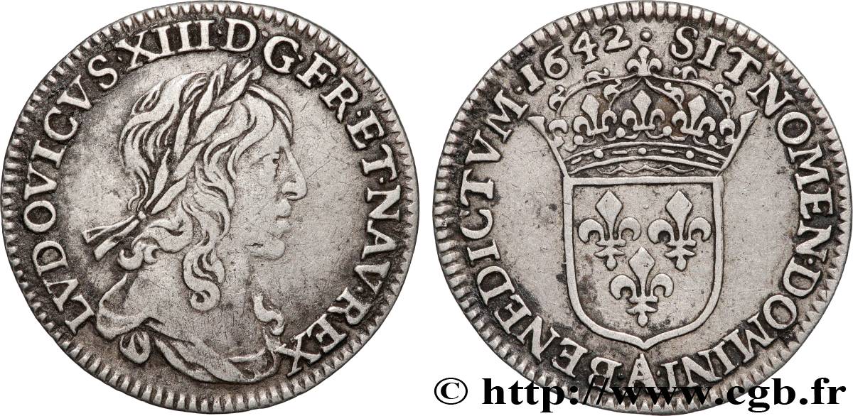 LOUIS XIII LE JUSTE Douzième d écu, buste drapé (1er buste de Jean Warin) 1642 Paris, Monnaie de Matignon TB+/TTB