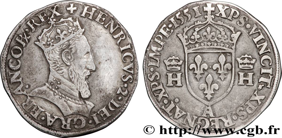 HENRI II Teston à la tête couronnée 1551 Paris TTB+
