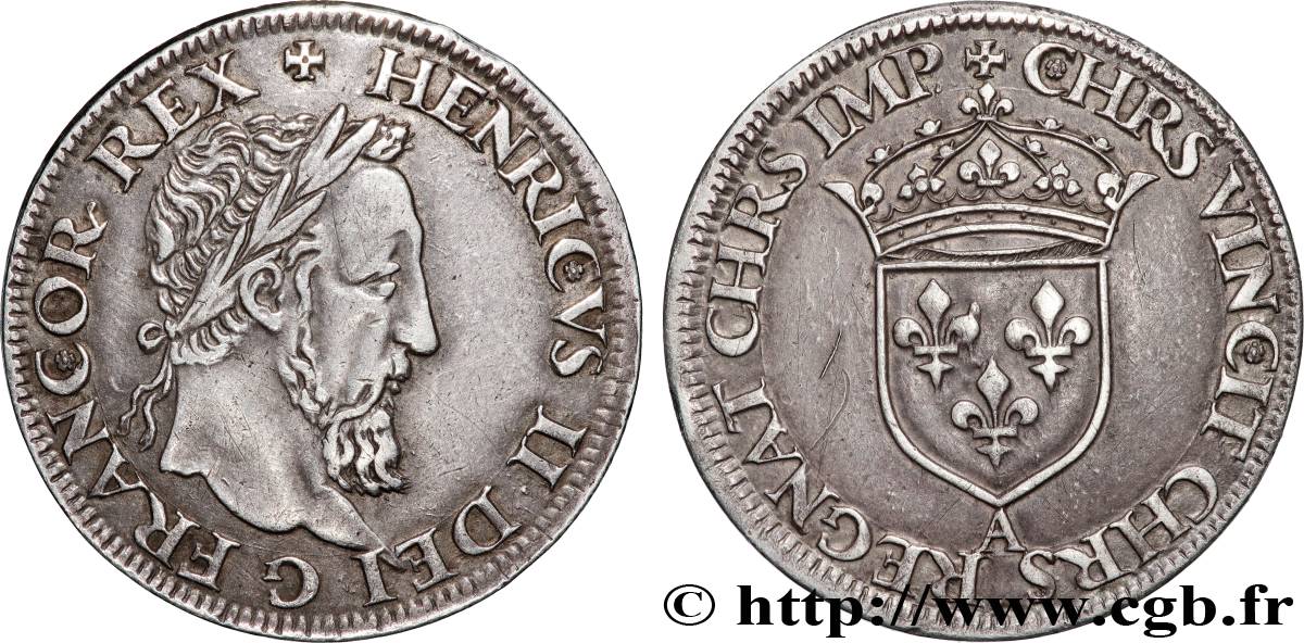 HENRI II Teston à la tête laurée, fabriqué au moulin s.m. Paris, Moulin des Étuves TTB+