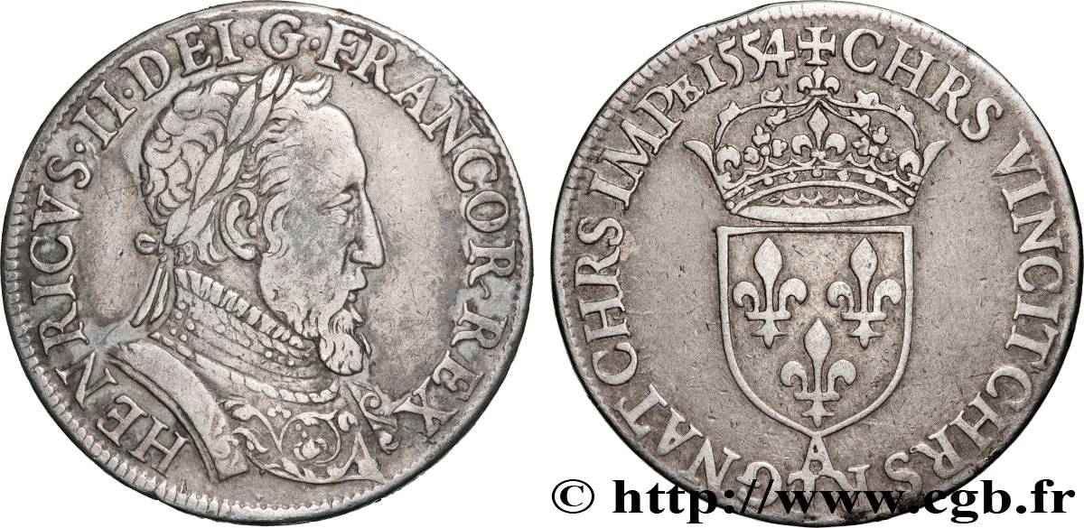 HENRI II Teston au buste lauré, 1er type, fabriqué au moulin 1554 Paris, Moulin des Étuves TTB