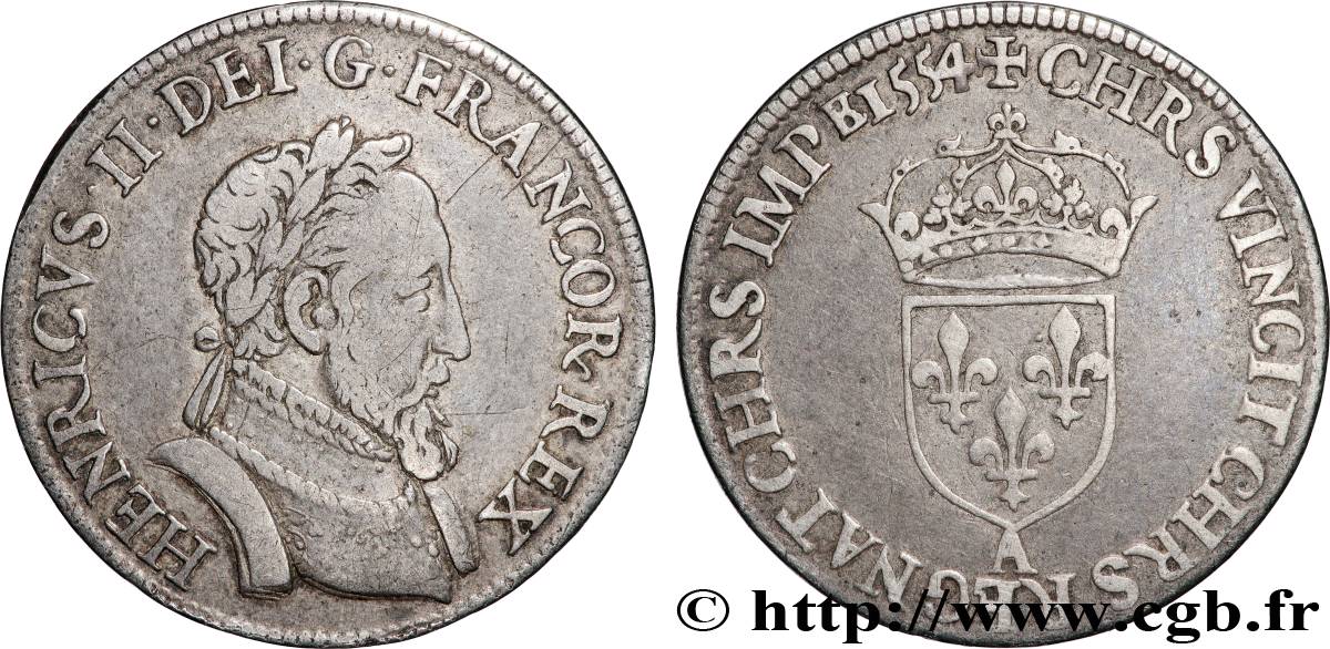 HENRI II Demi-teston au buste lauré, fabriqué au moulin 1554 Paris TTB
