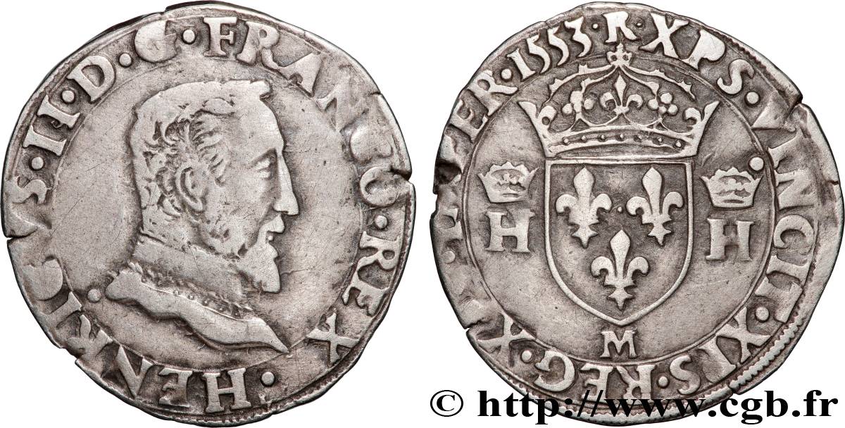 HENRY II Demi-teston à la tête nue, 5e type 1553 Toulouse MBC