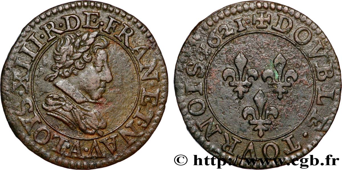 LOUIS XIII LE JUSTE Double tournois, type 2 de Paris 1621 Paris TTB+