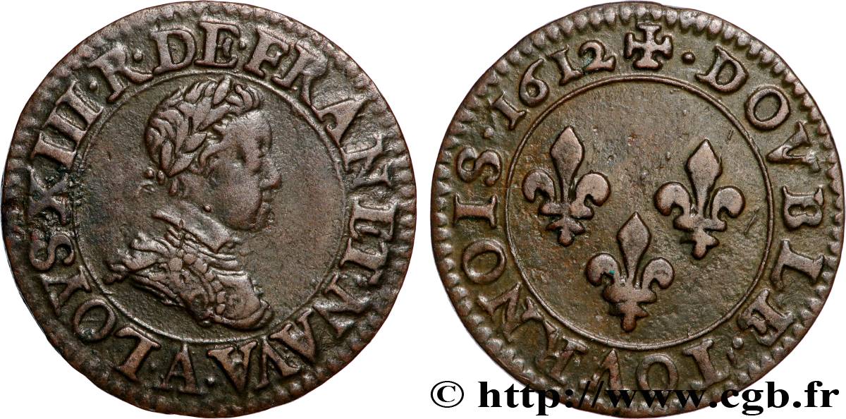 LOUIS XIII LE JUSTE Double tournois, type 1 1612 Paris, Moulin du Louvre TTB/TTB+