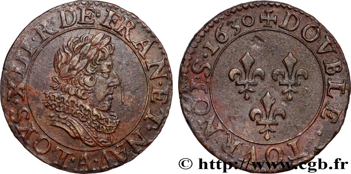 LOUIS XIII LE JUSTE Double tournois, buste laurée avec fraise 1630 Paris TTB+