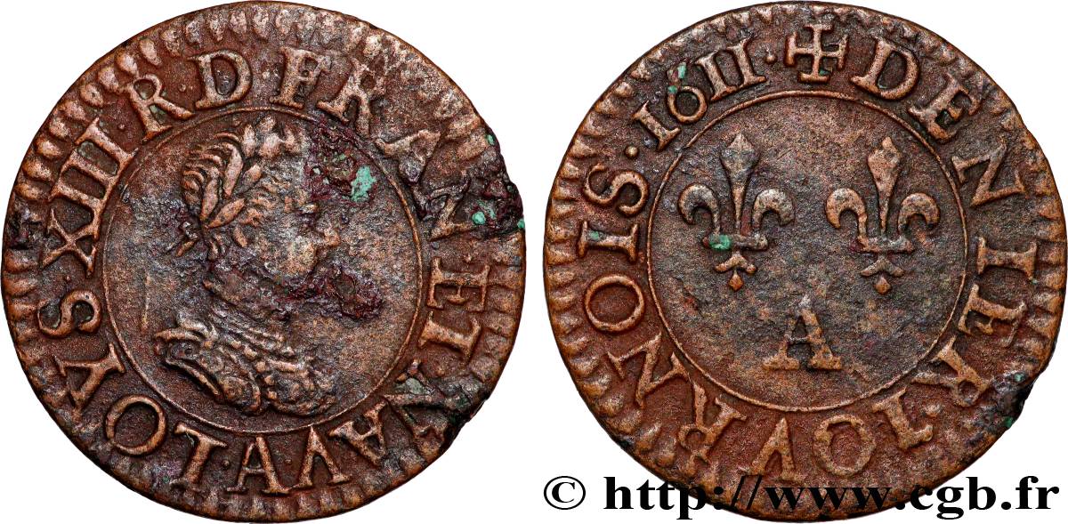 LOUIS XIII LE JUSTE Denier tournois, type 1 de Paris 1611 Paris TTB