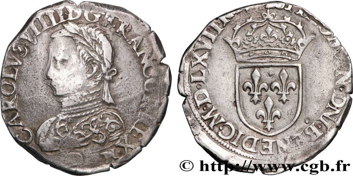 CHARLES IX Teston, 6e type 1568 Lyon TTB