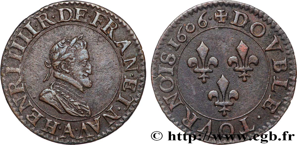 HENRY IV Double tournois 1606 Paris, Moulin des Étuves AU/AU