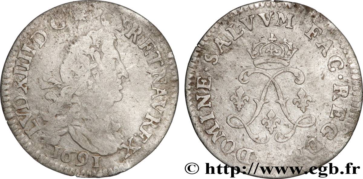 LOUIS XIV LE GRAND OU LE ROI SOLEIL Quatre sols aux deux L 1691 Paris B+/TB