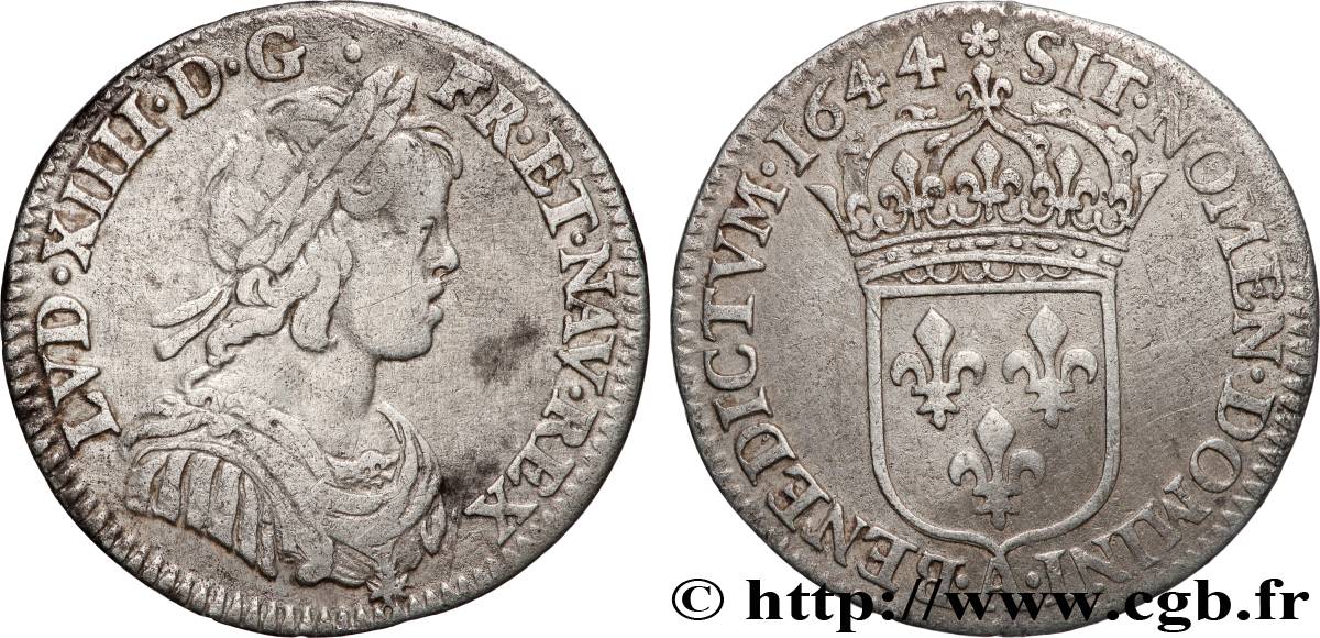 LOUIS XIV LE GRAND OU LE ROI SOLEIL Douzième d écu, portrait à la mèche courte 1644 Paris, Monnaie du Louvre TTB