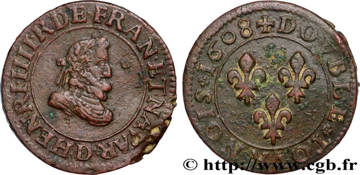 HENRI IV LE GRAND Double tournois, 1er type 1608 Lyon TTB+