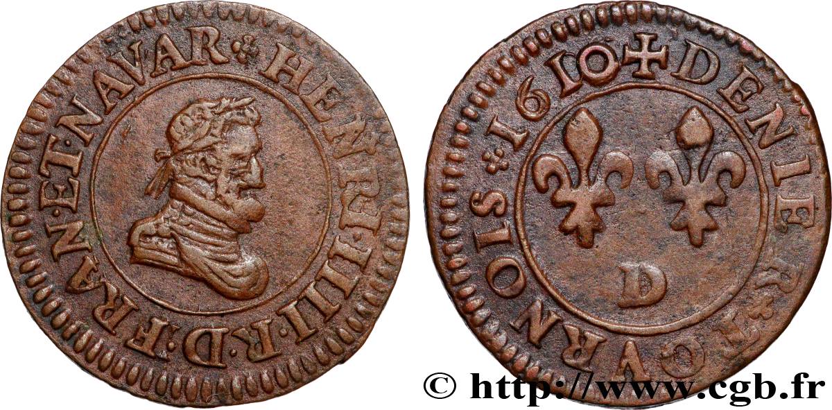 HENRI IV LE GRAND Denier tournois, type A 1610 Lyon TTB+