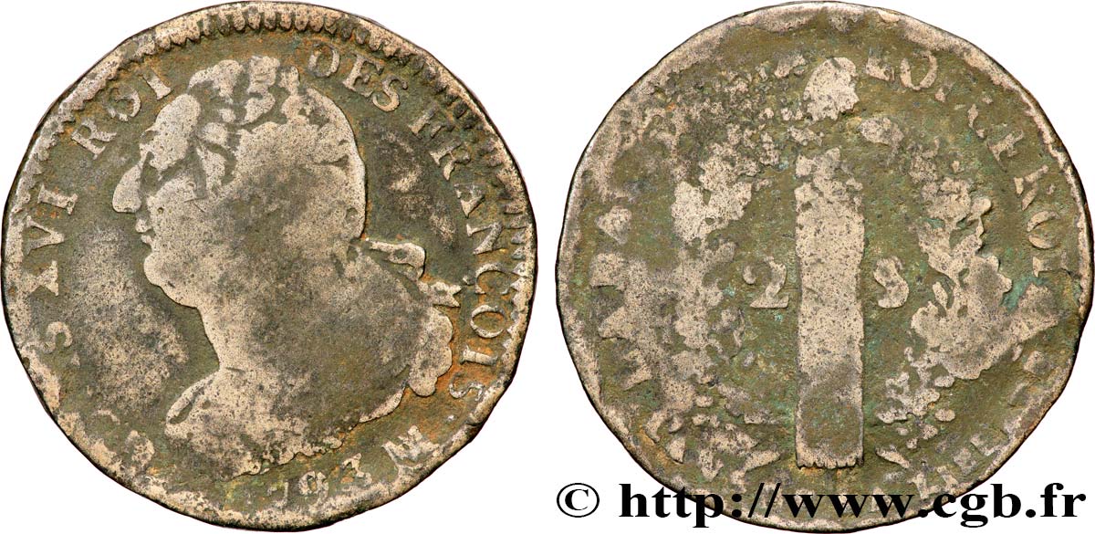 LOUIS XVI 2 sols dit &nbsp;au faisceau&nbsp;, type FRANÇOIS 1793 Marseille fS