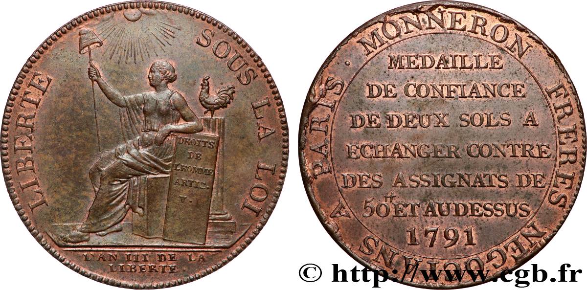 REVOLUTION COINAGE / CONFIANCE (MONNAIES DE…) Monneron de 2 sols à la Liberté 1791 Birmingham, Soho AU