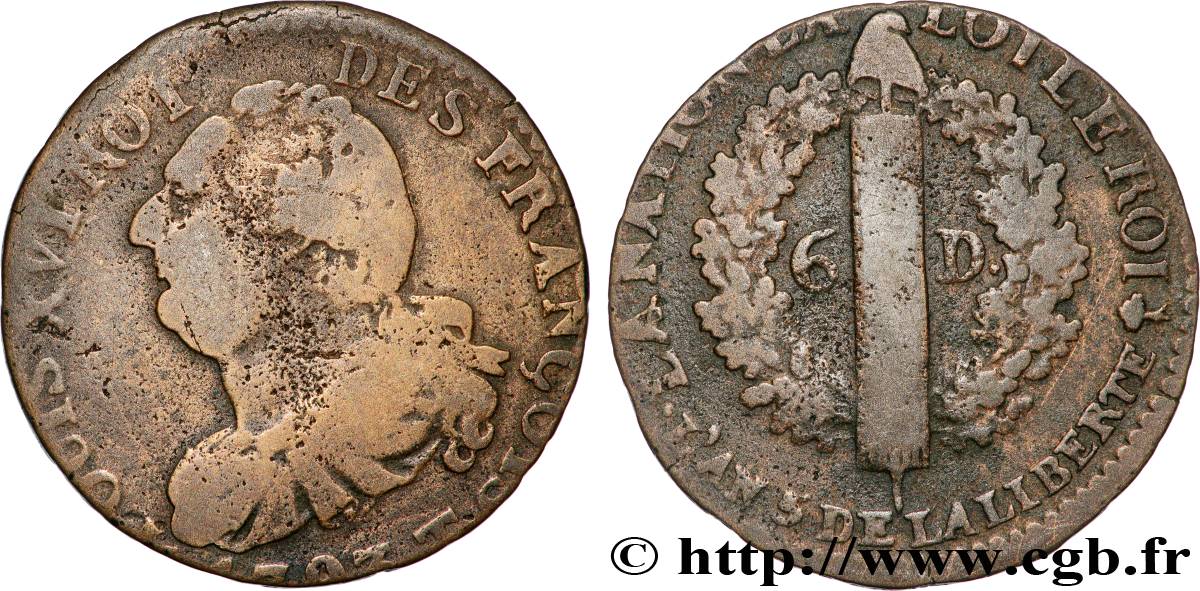 LA CONVENTION 6 deniers dit  au faisceau , type FRANÇOIS 1793 Nantes TB+