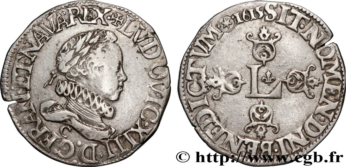 LOUIS XIII  Demi-franc au grand buste lauré et au col fraisé 1615 Saint-Lô AU
