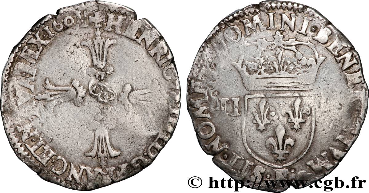 HENRY IV Quart d écu, croix feuillue de face 1601 Angers BC+