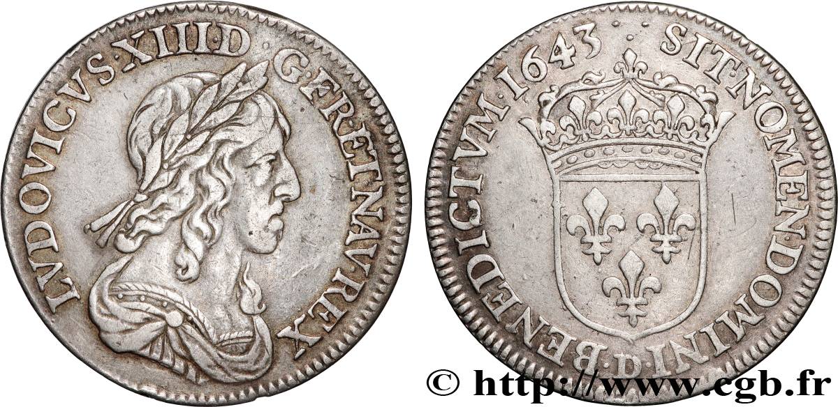 LOUIS XIII  Quart d écu, buste drapé et cuirassé (2e buste de Jean Warin) 1643 Lyon XF